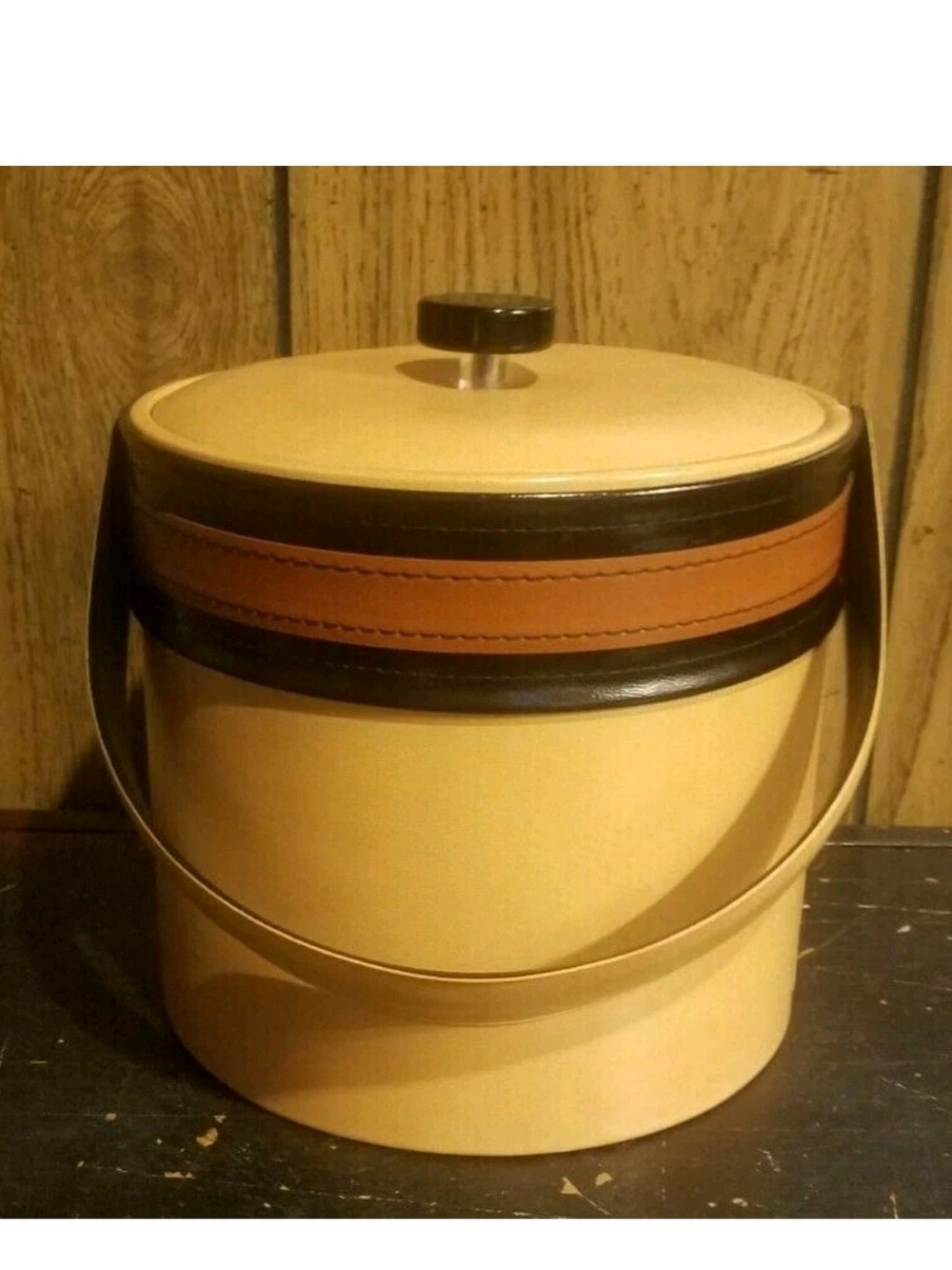 Vintage 70s Brown And Tan Ice Bucket Plastic And Vinyl 7 Inches Tall